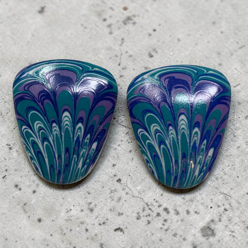 Vintage 1980's Peacock Blue Spin Art Earrings Leverback Art to Wear 1.25"
